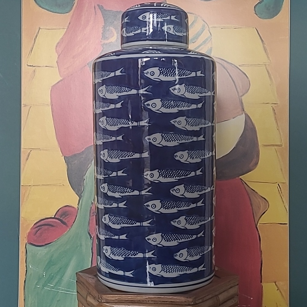 NWOT CHINOISERIE BLUE & WHITE FISH GINGER JAR